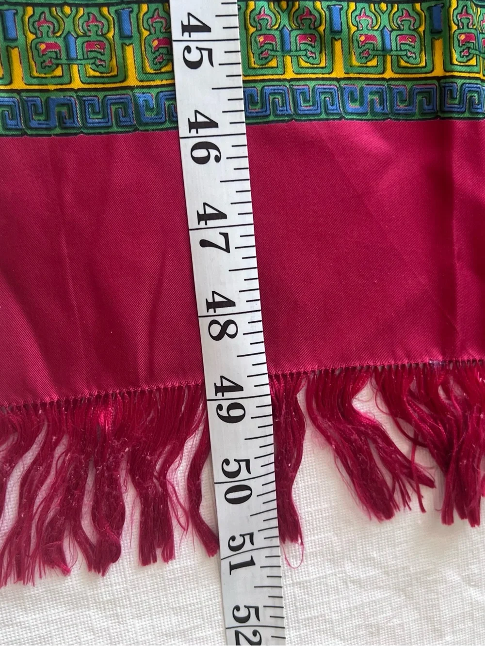 Vintage Unisex Republic of China 100% Silk Hand Printed Fringe Scarf 11 x 50